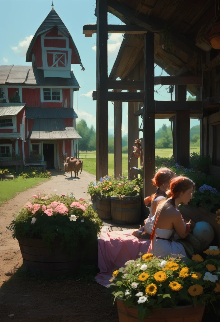 three girls on the farm , to flowers and animals 