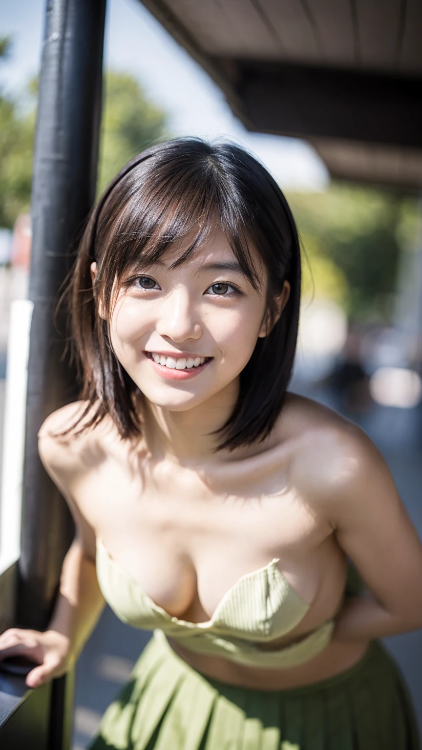 (One Girl:1.3), short hair, Japanese high school students, Great face and eyes, Looking into the camera, A joyful smile、Showing teeth、 (Highest quality:1.4), Very detailed CG 統合 8k 壁紙, Very detailed, High-resolution RAW color photos, Professional photography, Realistic full body shot, Studio shot、Plain Wallpaper, Portrait of sexy girl, Open exterior, (Looking down, View in Viewer:1.0), (From below:1.0),(((topless))),Pleated skirt,Thighs