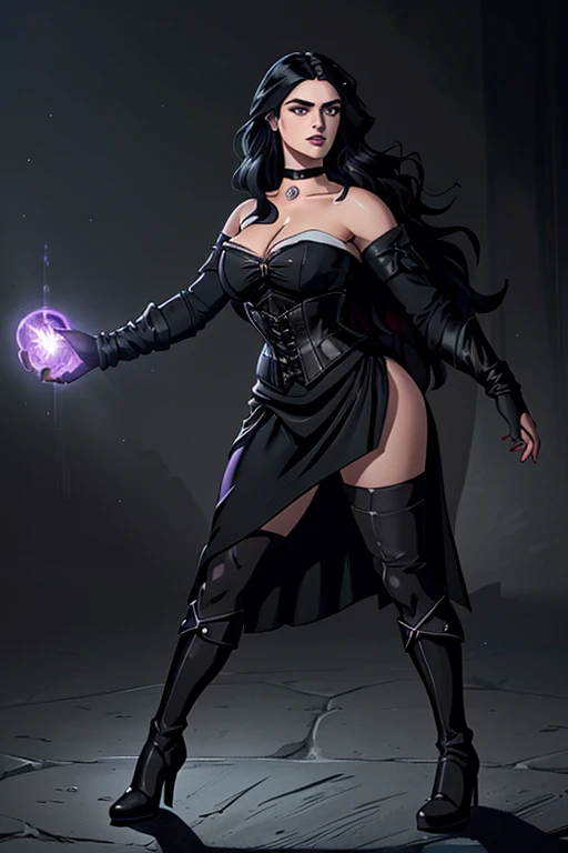 (Katie McGrath face), Generate an illustration of a young (Yennefer of Vengerberg), of Witcher 3, hair combed to sides, layered haircut, de terno preto, long hair flows to her back, hair flows straight down, black hair, Ultrarealistic Violet eyes, both eyes are similar, (big round breasts), deep cleavage, Ultrarealistic juicy round butt, thick thighs, black Corset outfit in anime format with a serious style, ((black strapless dress)), Ruby black velvet choker, grey tights, black boots, gothic make up, masterpiece, ((dark lighting)), black background, puffy lips,slendered toned abs, beautiful face