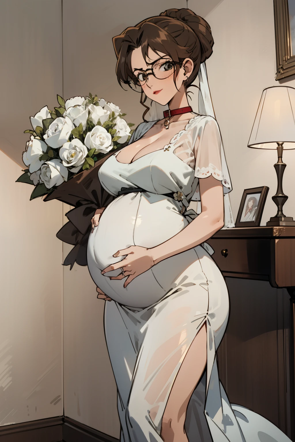 Night time,(Masterpiece), Best Quality, ultra-detailed, 1girl (eri,   pregnant, huge and pretty breasts,  wide hips, brown hair, chignon, dog collar, brown  eyes, empty eye, spectacles), evil 
face,  smirk,parted lips, mascara, full makeup, red lipstick,  facing viewer, looking at viewer, solo, white wedding dress,  see-through dress, long dress, white veil,bouquet grab  , bows, in the  livingroom, standing,  , Front view 