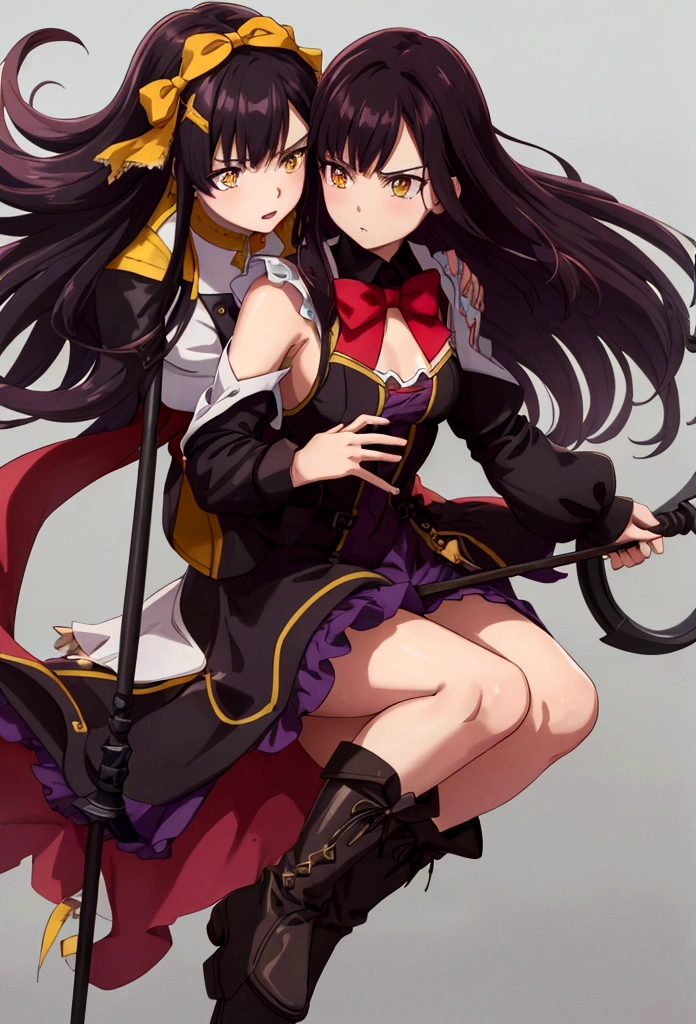 Superior image quality, high resolution, garota jovem, Caucasian skin, shorth hair, purple shine black hair, yellow eyes, red bow on head, black clothing, short dress, holding staff, serious expression, Medieval theme, Black boots, brown details not dressed, shoulderpads, small ruffles on the dress