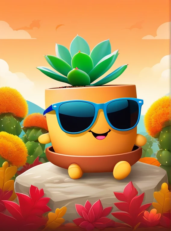 happy succulent plant wearing sunglasses, flower on his head, in autumn season, illustration, no humans, looking at viewer, solo, portrait, vector art,
