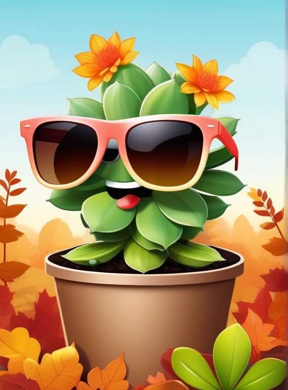 happy succulent plant wearing sunglasses, flower on his head, in autumn season, illustration, no humans, looking at viewer, solo, portrait, vector art,