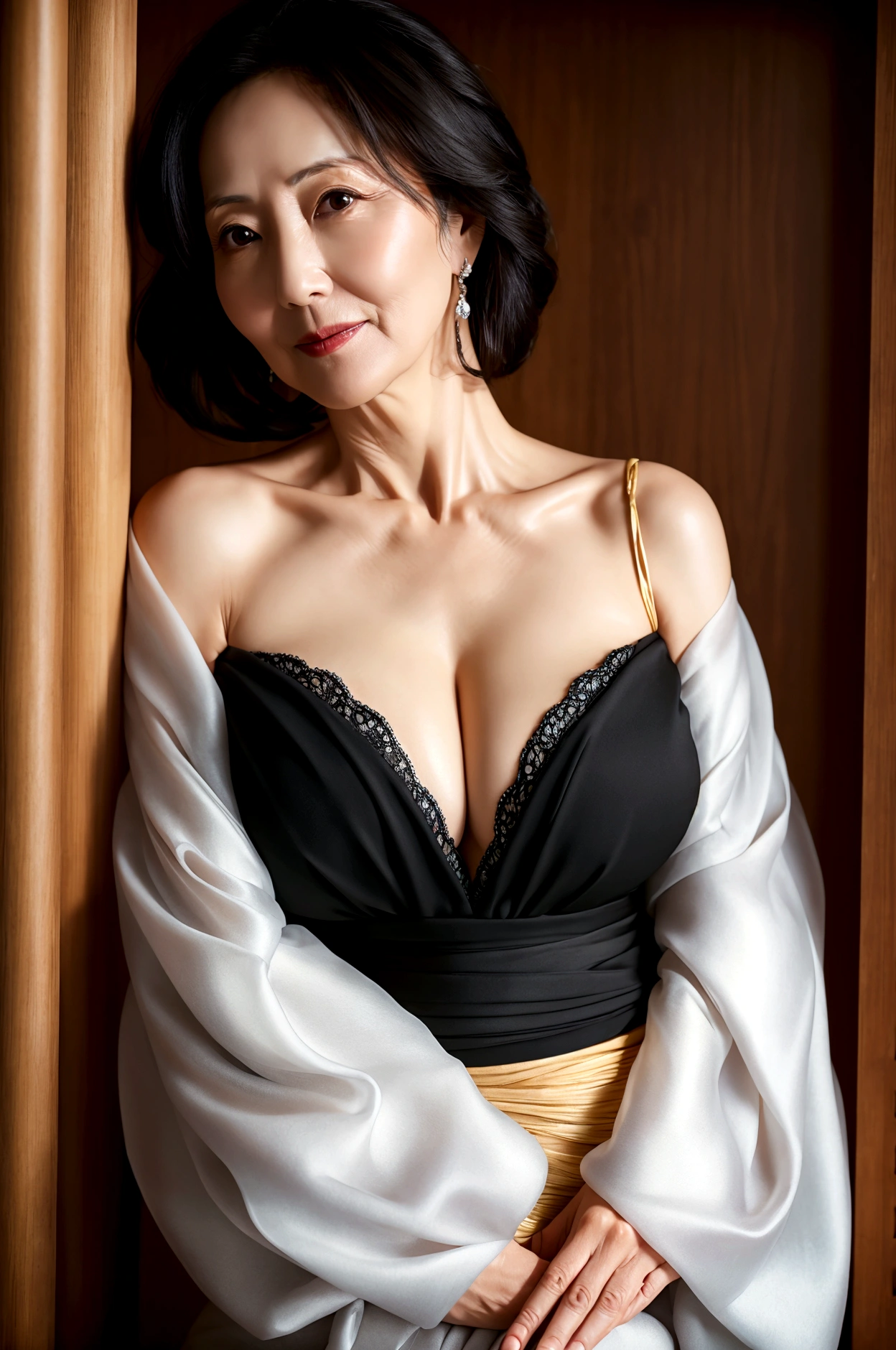 Sexy old Asian woman in black silk dress