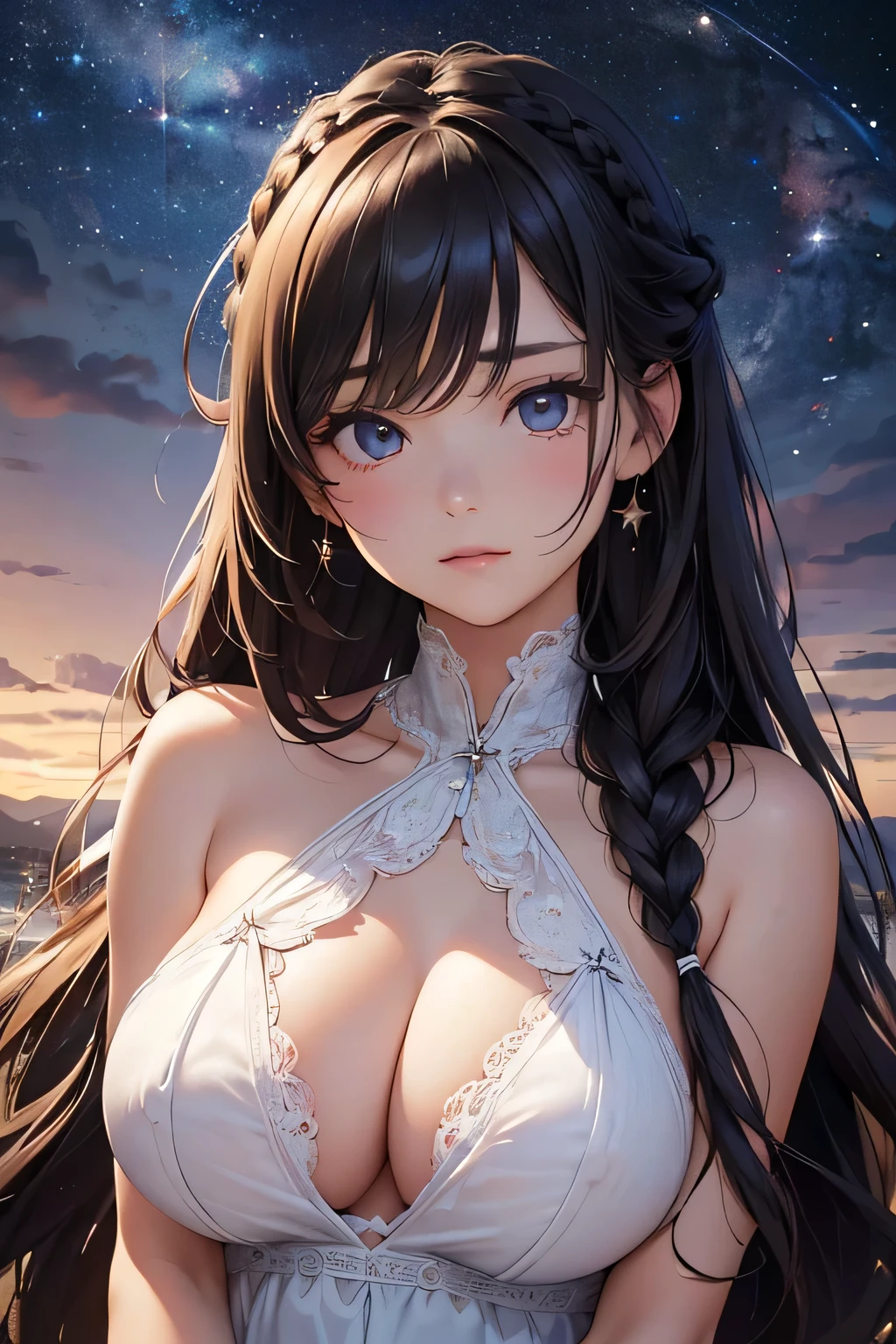 Highest quality、High resolution、Detailed Background、(Beautiful face in every detail:1.4)、Anatomically correct、(Detailed facial expressions)、(Detailed eyes:1.2)、age beauty、(Highly detailed face:1.4)、(Huge breasts:1.2)、Cute hair colour、Braided long hair、Wavy Hairstyle、Realistic、well-groomed eyebrows、Perfect body line、Late Night、white lace nightdress、very beautiful、
A spectacular sight of the universe disappearing、star々are disappearing one by one、The light and darkness are disappearing、I stand there quietly、(A beautiful girl looking at the end of the universe:1.5)