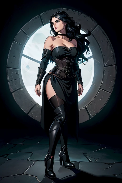 (Katie McGrath face), Generate an illustration of a young (Yennefer of Vengerberg), of Witcher 3, hair combed to sides, layered haircut, de terno preto, long hair flows to her back, hair flows straight down, black hair, Ultrarealistic Violet eyes, both eyes are similar, (big round breasts), deep cleavage, Ultrarealistic juicy round butt, thick thighs, black Corset outfit in anime format with a serious style, ((black strapless dress)), Ruby black velvet choker, grey tights, black boots, gothic make up, masterpiece, ((dark lighting)), black background, puffy lips,slendered toned abs, beautiful face