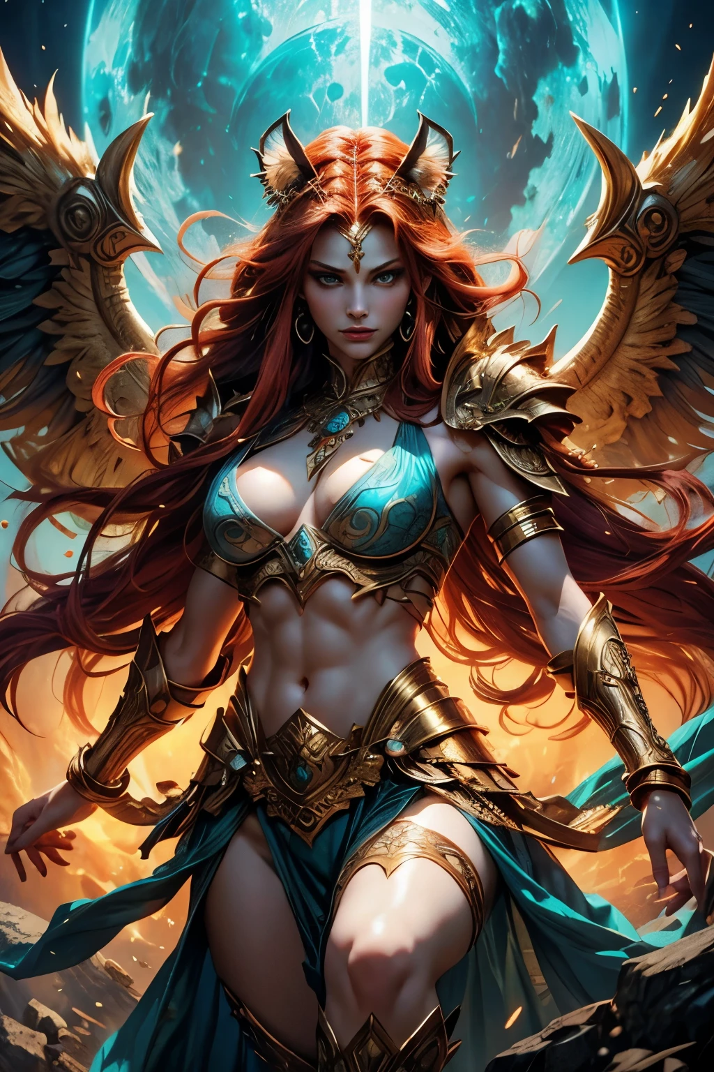 a fierce lioness warrior goddess, goddess sekhmet, pale skin, powerful goddess of war, healing and destruction,   photorealistic, gold and turquoise headdress, piercing blue eyes, regal expression, intricately detailed ornate armor, flowing red hair, muscular feline body, large wings, mystical aura, volumetric lighting, glowing energy, vibrant colors, 8k, hyper detailed