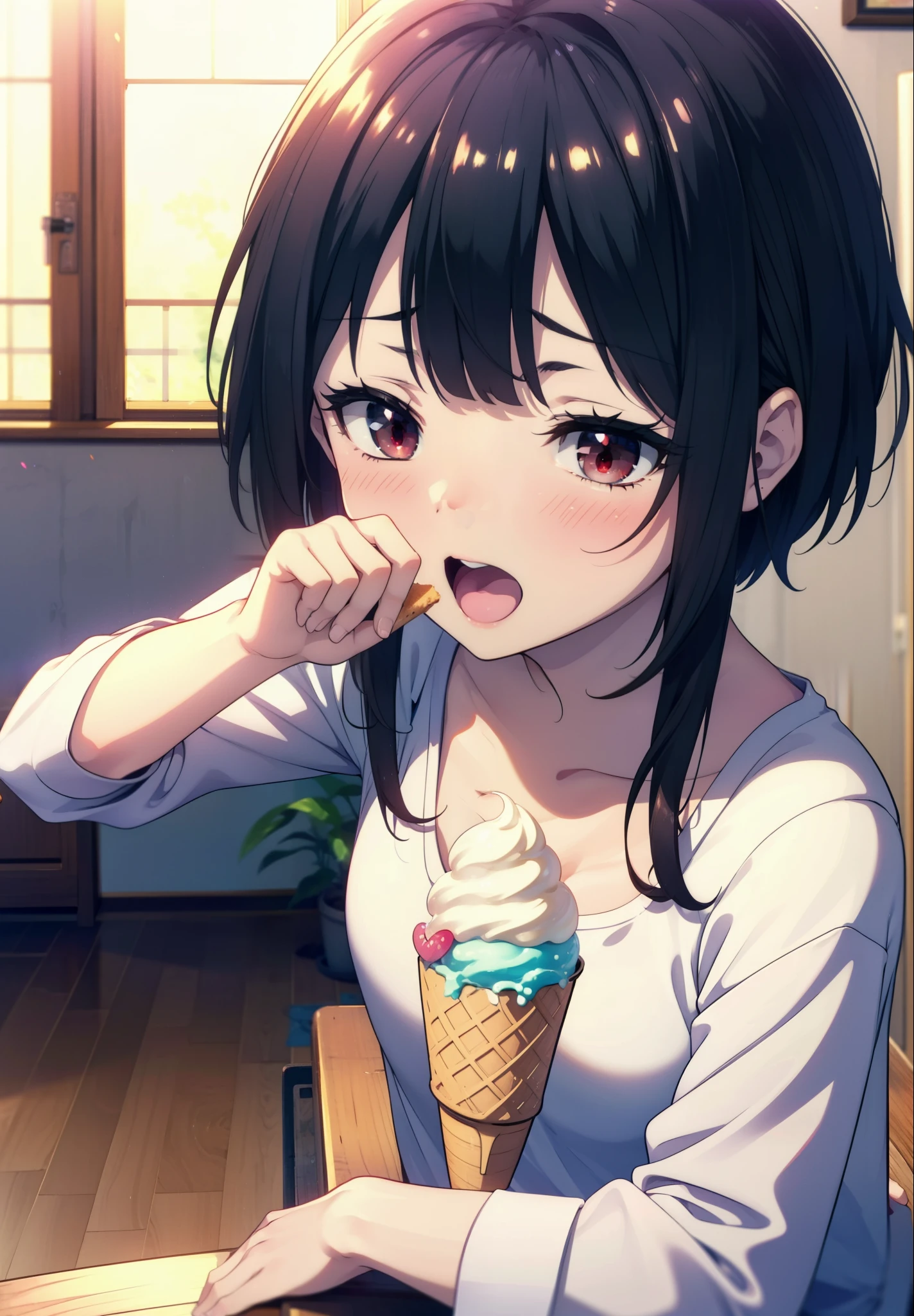 konosubaMegumin, Megumin, short hair, Black Hair, (Red eyes:1.3), short hair with long locks,happy smile, smile, Open your mouth,Tank top shirt with open mouth,Shorts,barefoot,barefoot,Holding and eating ice cream with right hand,Sitting on the sofa,whole bodyがイラストに入るように,morning,morning陽,The sun is rising,
break indoor, room,
break looking at viewer,whole body, (Cowboy Shot:1. 5)
break (masterpiece:1.2), Highest quality, High resolution, unity 8k wallpaper, (figure:0.8), (Beautiful attention to detail:1.6), Highly detailed face, Perfect lighting, Highly detailed CG, (Perfect hands, Perfect Anatomy),