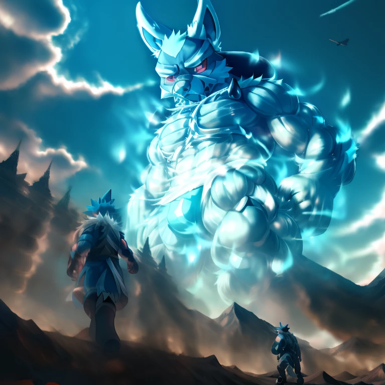 Photography of a grand and awe-inspiring scene in the style of Hajime Isayama's Attack on Titan. 
The vast landscape stretches as far as the eye can see, with colossal giant lucario looming in the distance. 
The sky is filled with swirling clouds, hinting at an impending battle.
In the foreground, the Survey Corps stands ready for action, their ODM gear glinting in the sunlight. 
This scene captures the epic scale and intensity of the series, immersing viewers in a world of giants lucario and relentless struggle.