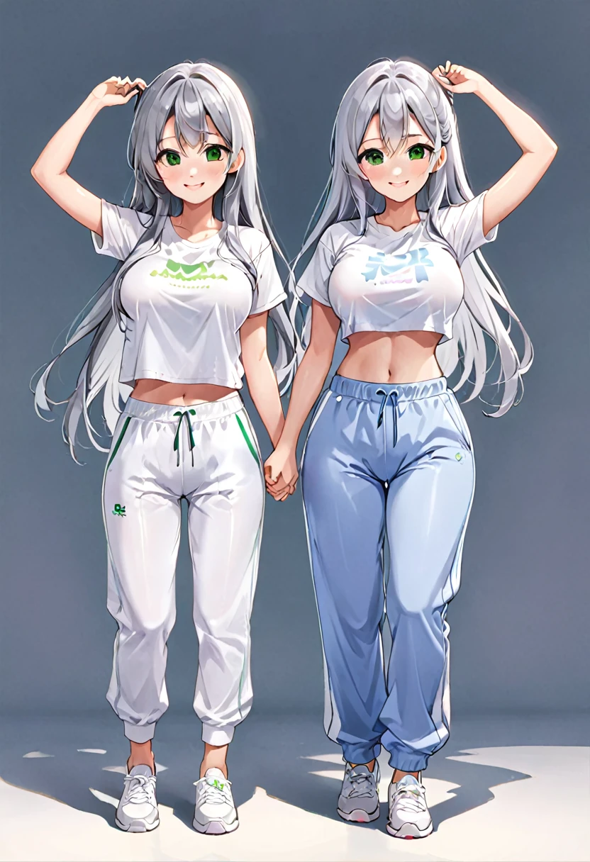 Pretty asian woman, bright silver hair, long hair, green eyes, busty, sweat pants and a white t shirt, cute, anime style, holding both hands up! Pretty smile, full body photo