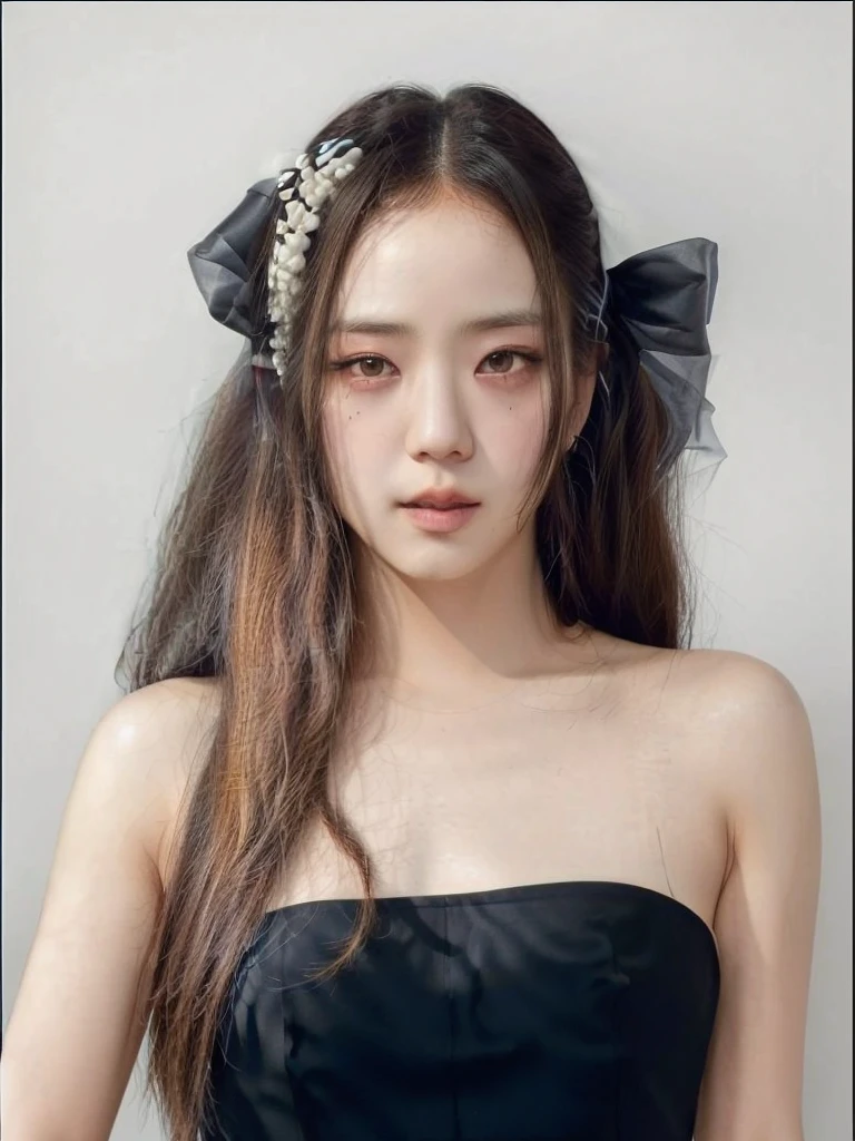 Jisoo standing in front of a backdrop, looking at camera, white dress, straight black long hair, beaufitul, perfect face, photorealistic, photo, real , asian, white skin,