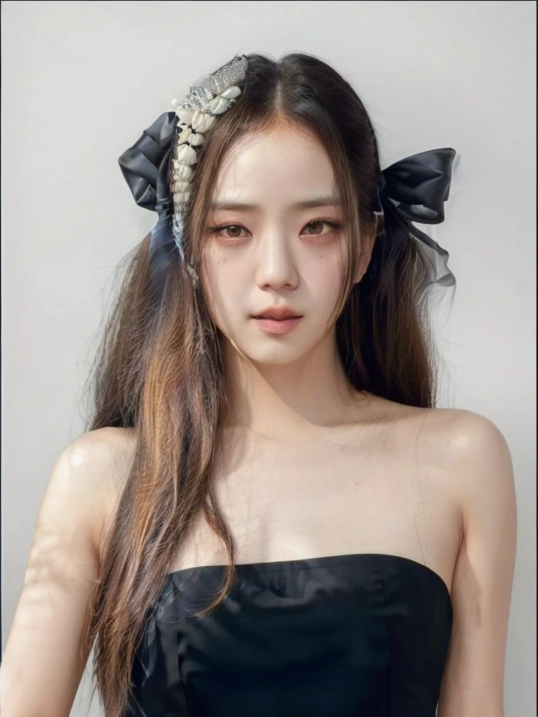 Jisoo standing in front of a backdrop, looking at camera, white dress, straight black long hair, beaufitul, perfect face, photorealistic, photo, real , asian, white skin,