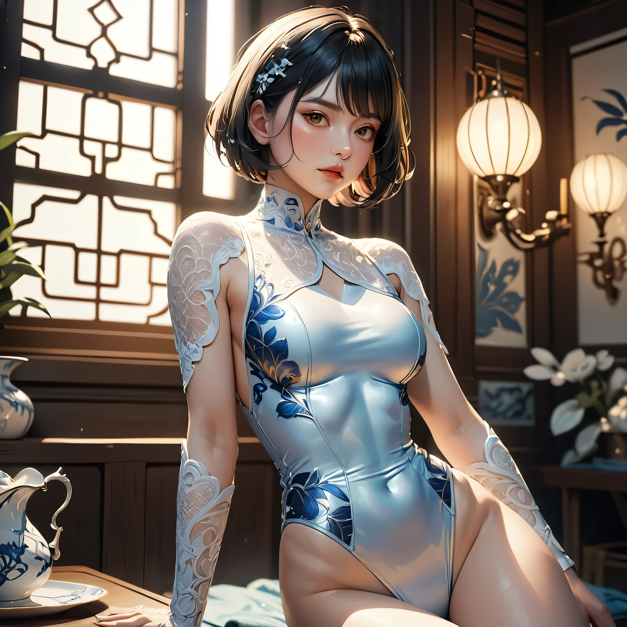 (Beautiful woman、One girl、Bodysuits:1.7、Very detailed、Incredibly beautiful、Porcelain-like skin、Short Hair、Narrow waist、erotic、Photorealistic、Very detailed、8K、Highest quality、High resolution、Cinematic lighting、Intricate details、masterpiece)