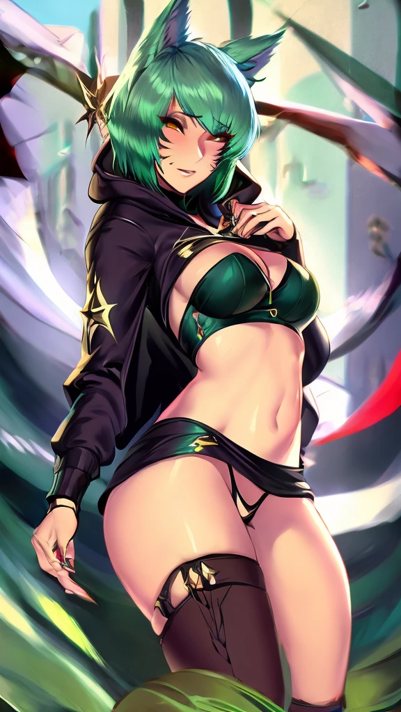 , Croped, , cleavage, slim waist, cropped hoodie underboob, cropped hoodieunderboobhoodie, 1girl, 2 wolf ears, wolf tail, marijuana crop hoodie, crop shorts, marijuana hoodie, spiky hair, spiky fur, green hair, red eyes,marijuana field scenery, tight clothes, perfect eyes, perfect hands, clear resolution, full body, cleavage skin, marijuana plants, open hoodie, marijuana scenery, black thigh high socks, full body, earrings, 1girl, skirt, cleavage, slim waist, cleavage, slim waist, hair pulled back,