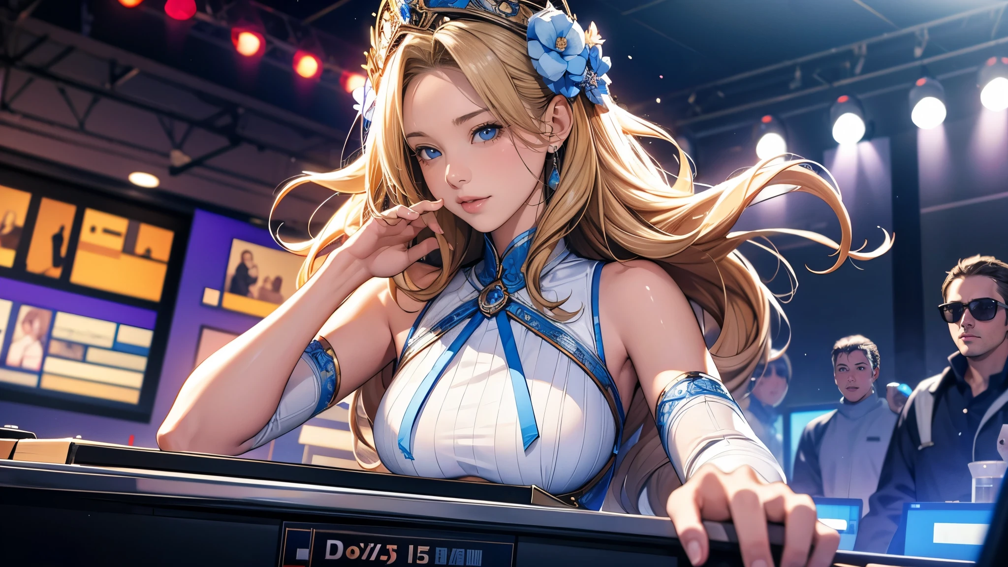 Ultra HD、super high quality、masterpiece、detailed、8K、Location: DJ booth、There is a lot of equipment lined up and it is being operated by a -yeld hischool girl.、The high school girl is Russian and has long blonde hair.、Has blue eyes、She has a flower tattoo and a glamorous figure.、The clothes she's wearing are tube tops.、Miniskirt、Pretty sexy