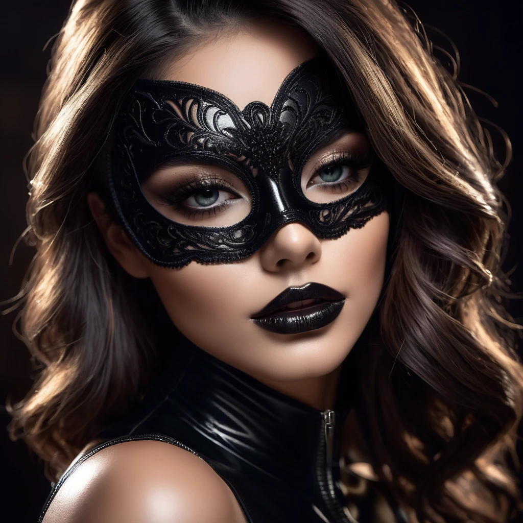 a woman in sexual black mask, beautiful detailed eyes, beautiful detailed lips, long eyelashes, dark smoky eye makeup, sensual facial expression, leather bodysuit, zipper details, glossy skin, dramatic lighting, cinematic, dark moody atmosphere, chiaroscuro, dramatic shadows, high contrast, cinematic lighting, ultrarealistic, 8k, hyper detailed, photorealistic, masterpiece