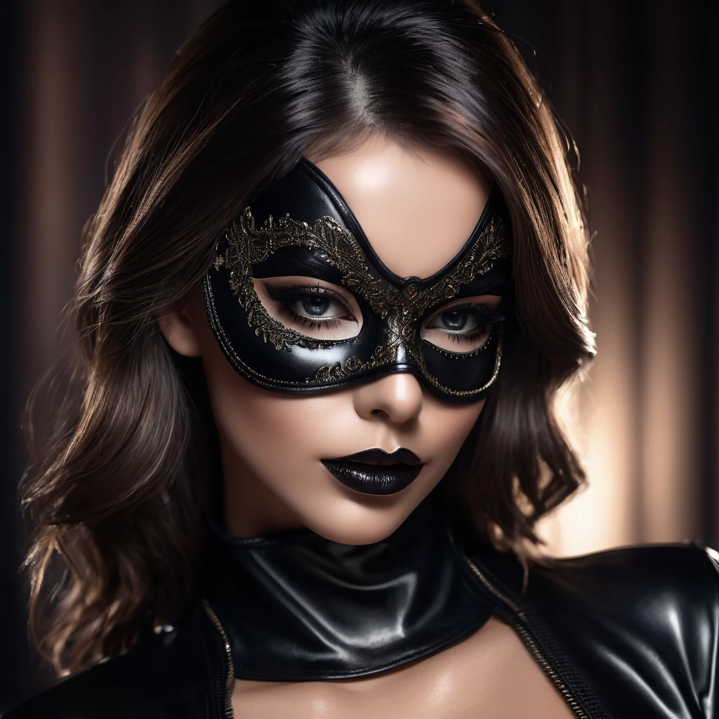 a woman in sexual black mask, beautiful detailed eyes, beautiful detailed lips, long eyelashes, dark smoky eye makeup, sensual facial expression, leather bodysuit, zipper details, glossy skin, dramatic lighting, cinematic, dark moody atmosphere, chiaroscuro, dramatic shadows, high contrast, cinematic lighting, ultrarealistic, 8k, hyper detailed, photorealistic, masterpiece