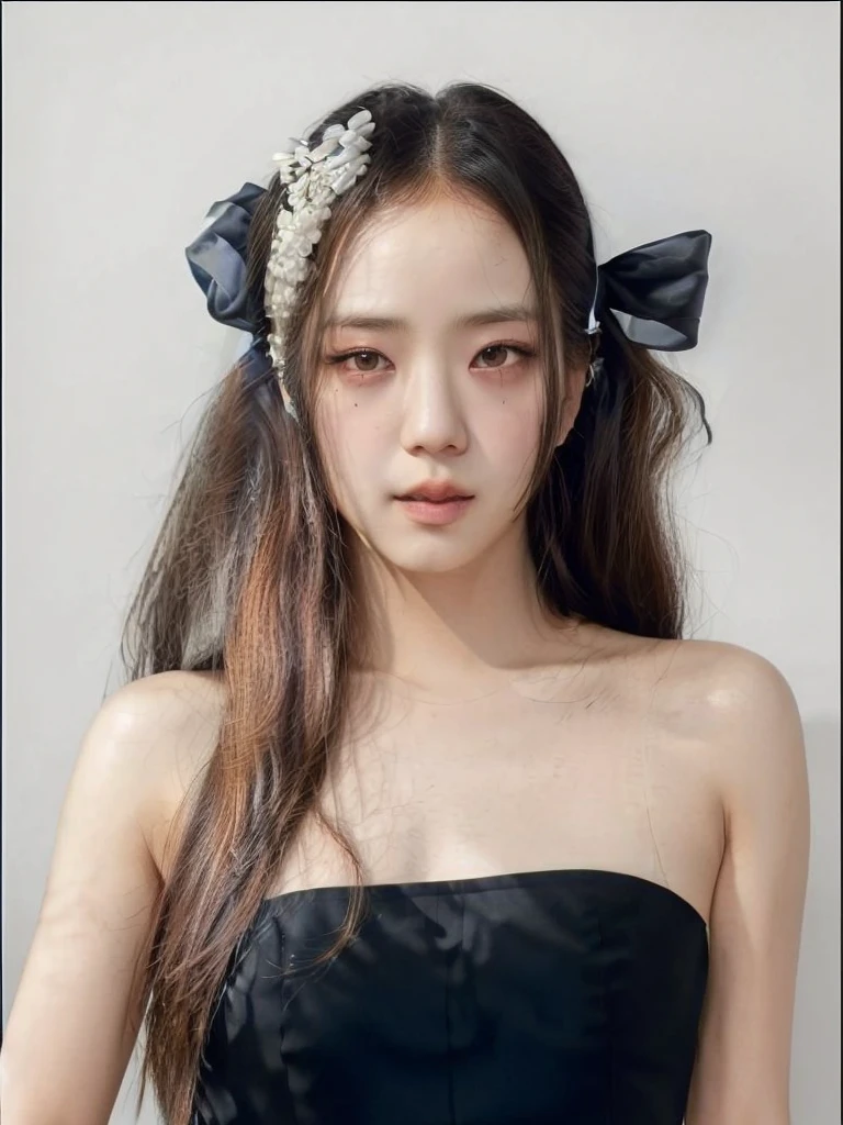 Jisoo standing in front of a backdrop, looking at camera, white dress, straight black long hair, beaufitul, perfect face, photorealistic, photo, real , asian, white skin,