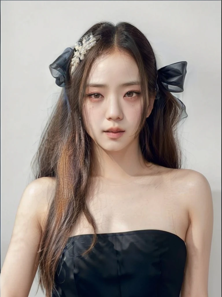 Jisoo standing in front of a backdrop, looking at camera, white dress, straight black long hair, beaufitul, perfect face, photorealistic, photo, real , asian, white skin,