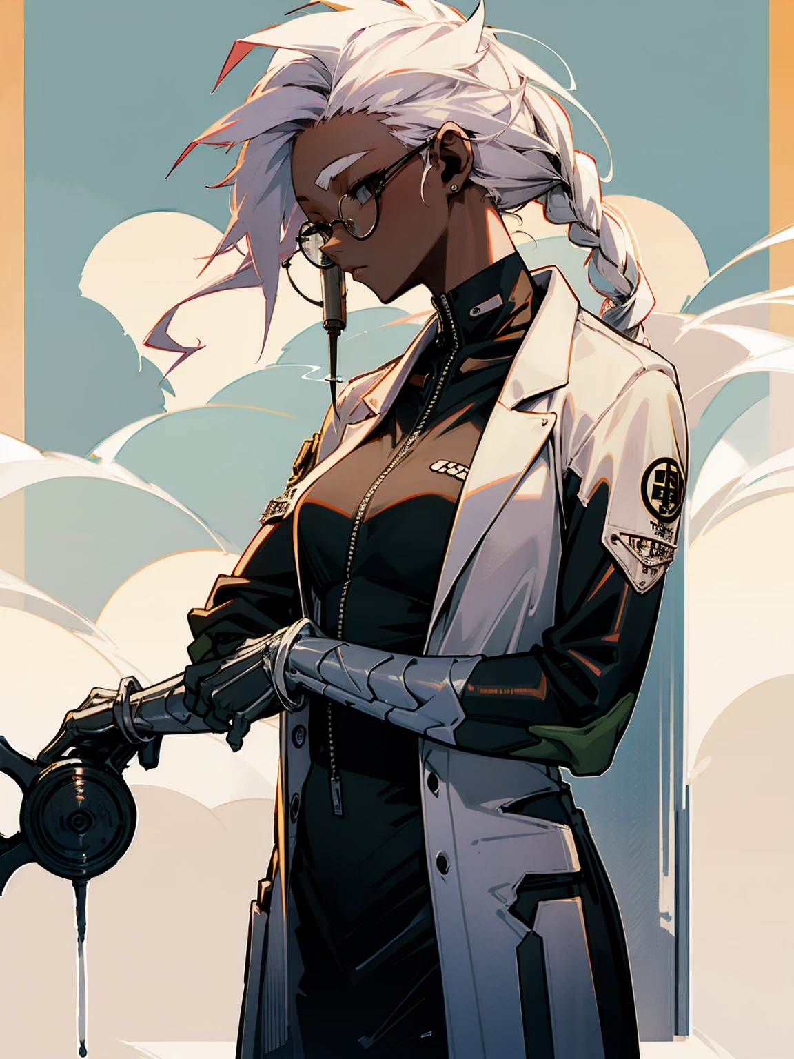 1female, dark skin, white hair, dread locks, lab coat, glasses, black dress, adult, smoking