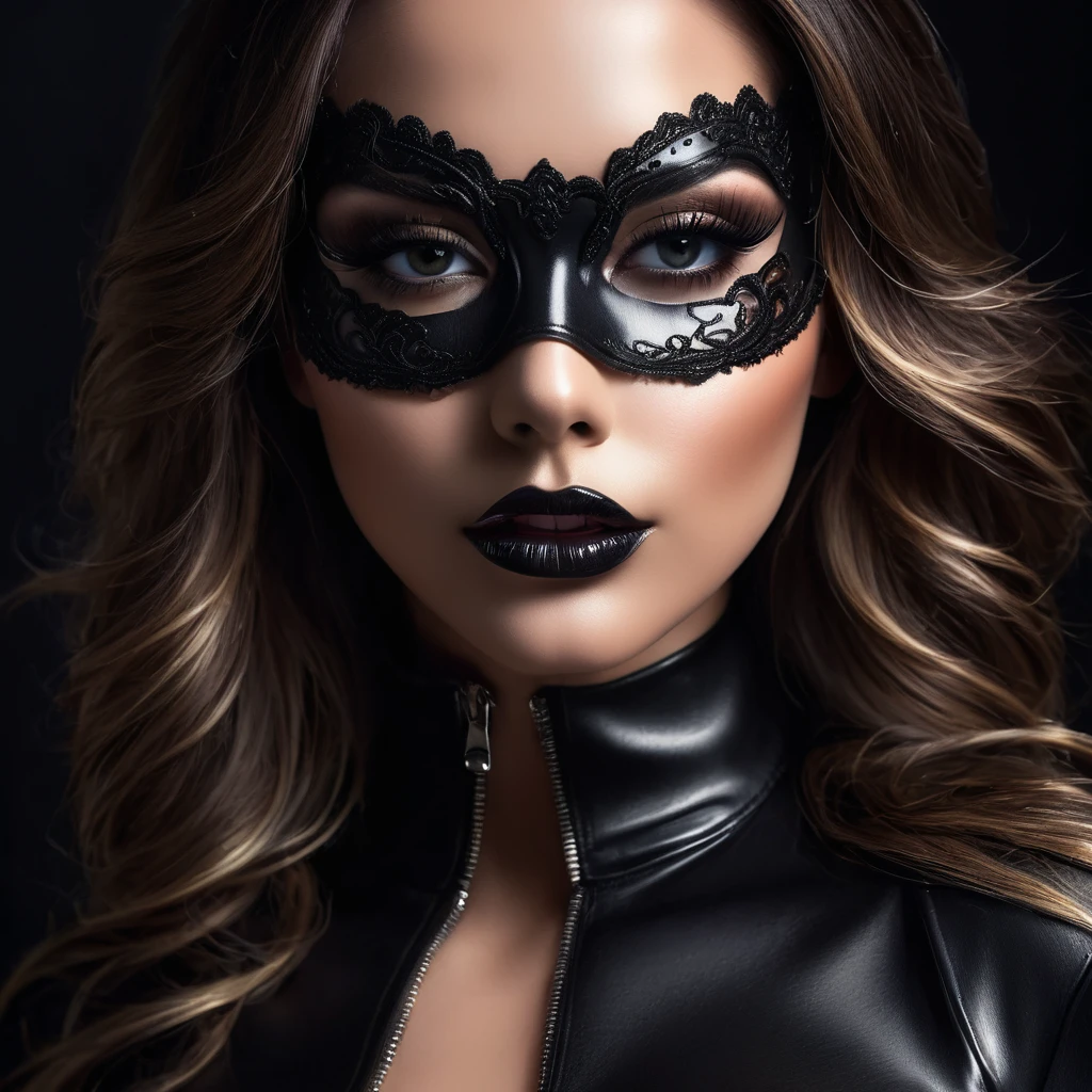 a woman in sexual black mask, beautiful detailed eyes, beautiful detailed lips, long eyelashes, dark smoky eye makeup, sensual facial expression, leather bodysuit, zipper details, glossy skin, dramatic lighting, cinematic, dark moody atmosphere, chiaroscuro, dramatic shadows, high contrast, cinematic lighting, ultrarealistic, 8k, hyper detailed, photorealistic, masterpiece