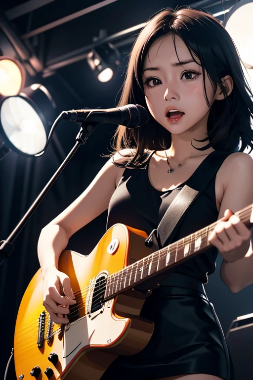 (masterpiece, Highest quality)、live house、Cute girl guitarist、Dark Eyes、Gorgeous lighting、Tight mini skirt、Black Hair、Japanese women、Stand microphone、