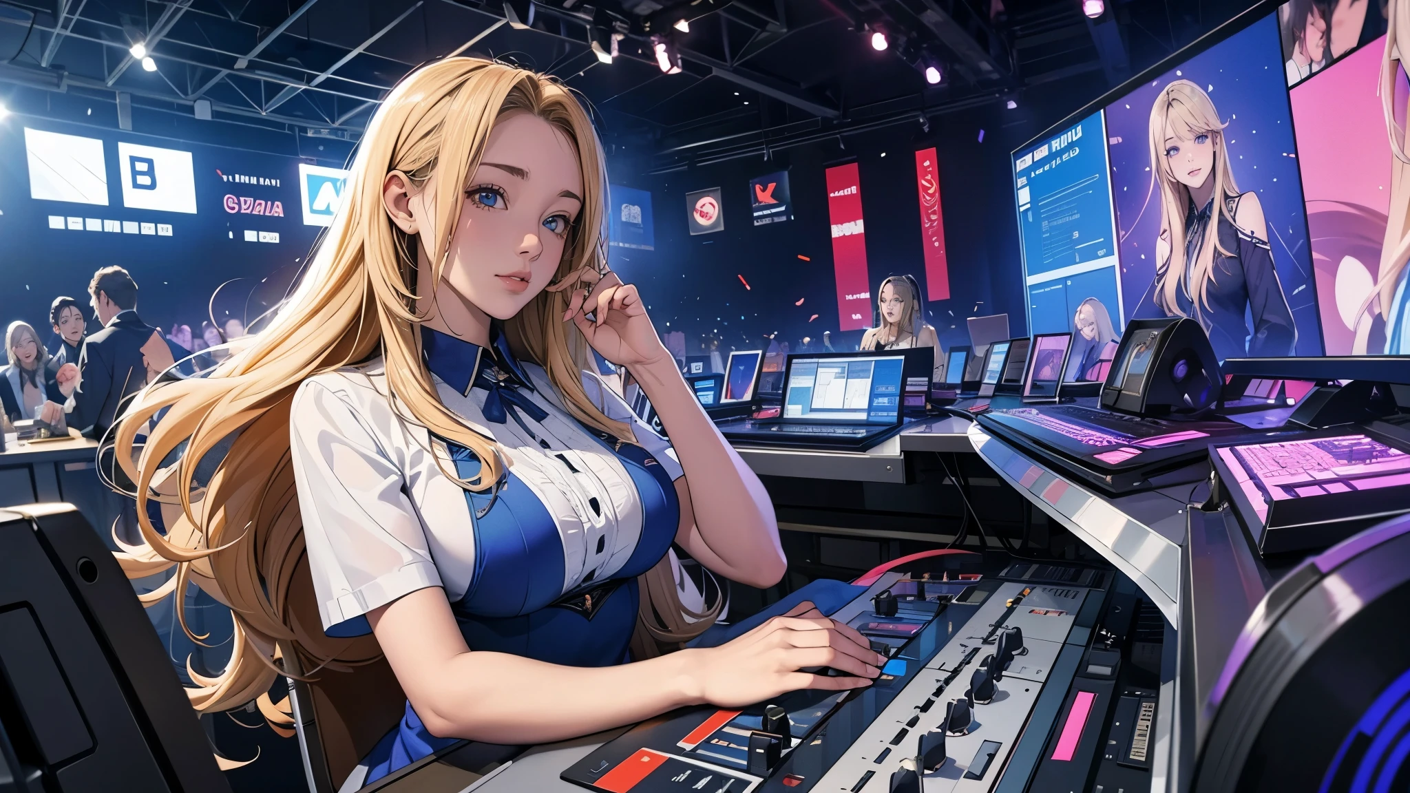 Ultra HD、super high quality、masterpiece、detailed、8K、Location: DJ booth、There is a lot of equipment lined up and it is being operated by a 15-year-old high school girl.、The high school girl is Russian and has long blonde hair.、Has blue eyes、She has a flower tattoo and a glamorous figure.、The clothes she's wearing are tube tops.、Miniskirt、Pretty sexy