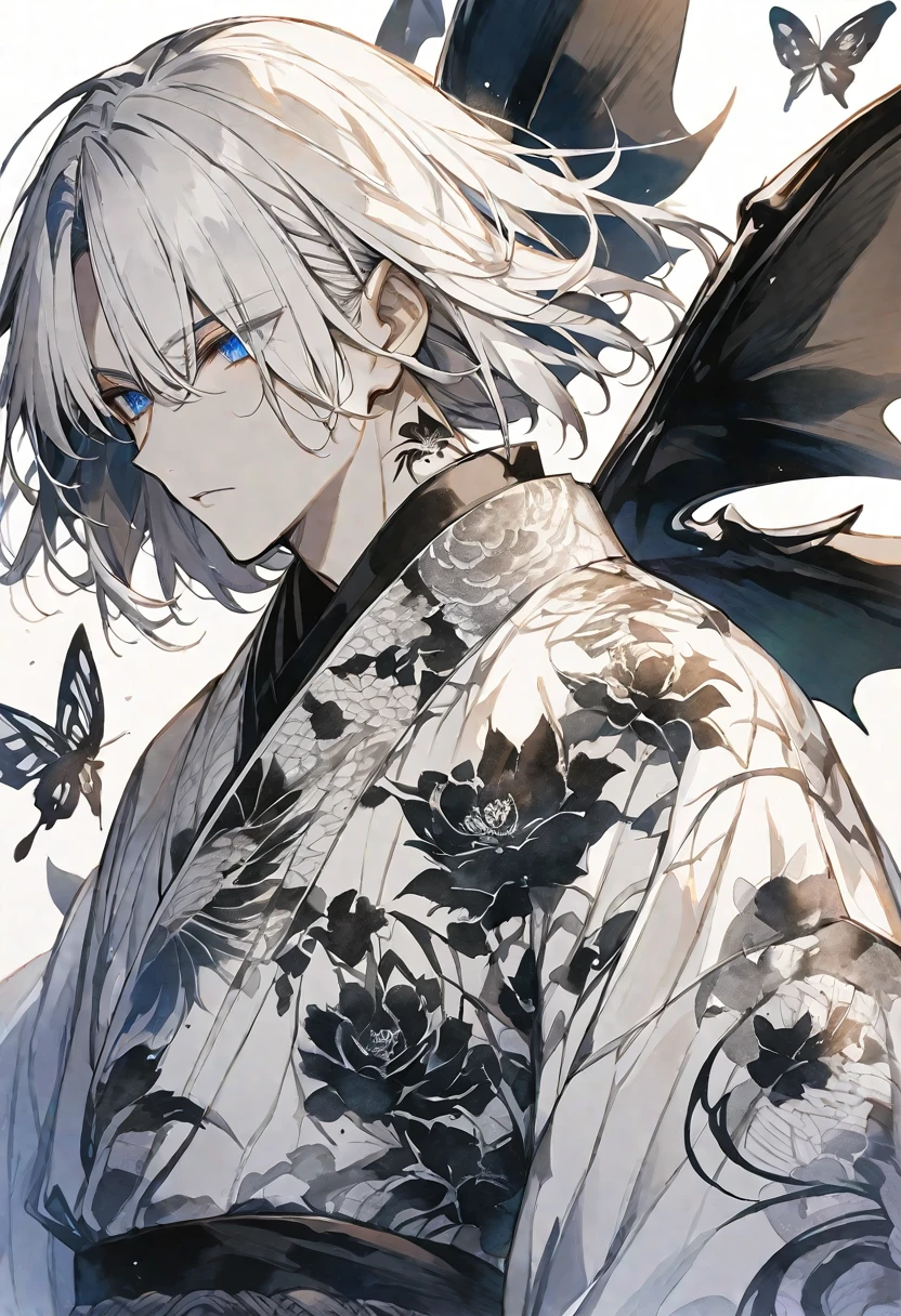 solo,handsome, monotone,Watercolor,
1. male,
bangs,Straight Hair,Bob Hair, ポニーテール,
White hair, Gojo Satoru,devil wing,
blue Eyes,Black Rose Tattoo,butterfly Tattoo,
White kimono,Japanese Pattern,
skin,Silver Accessories,
White background,