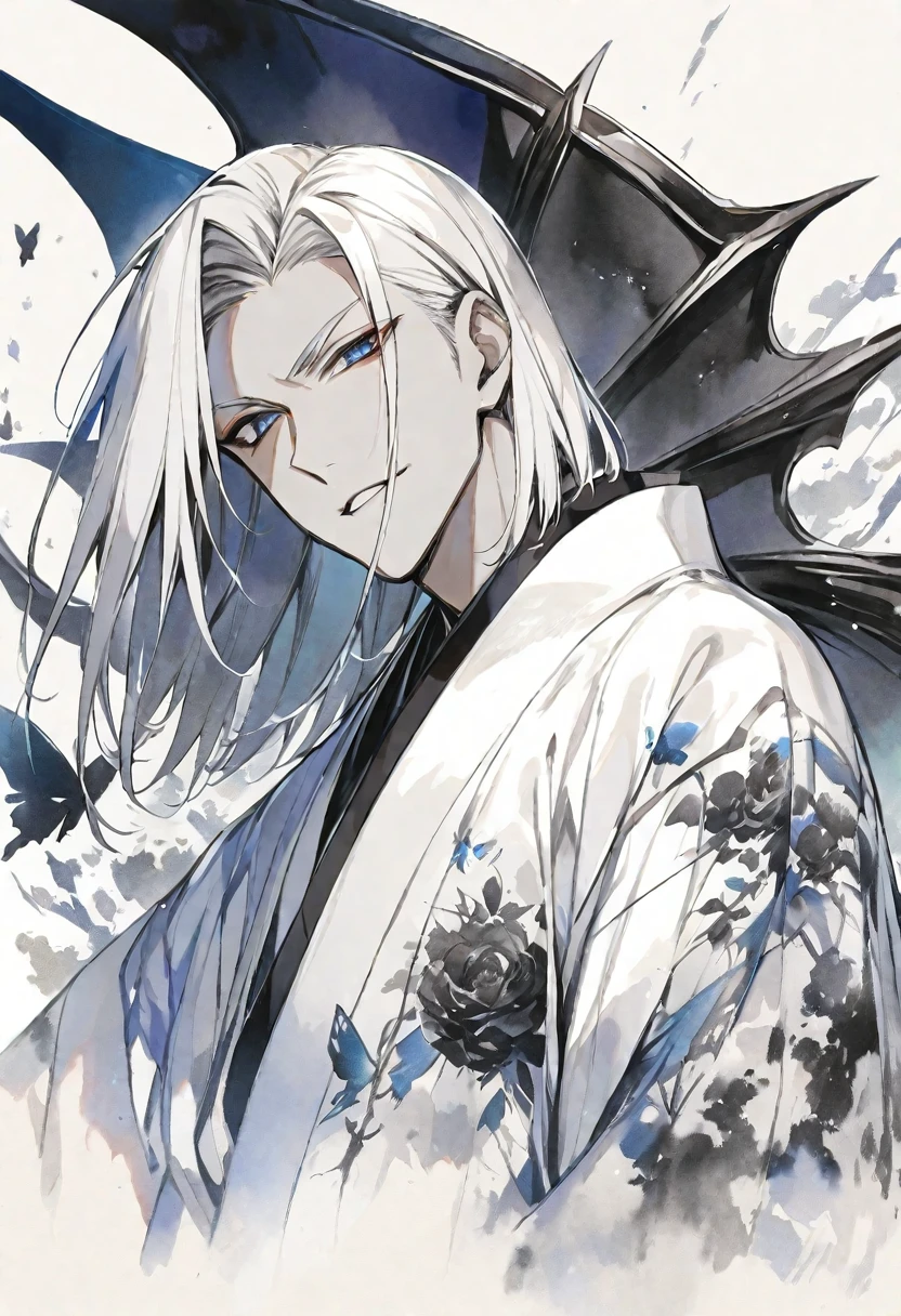 solo,handsome, monotone,Watercolor,
1. male,
bangs,Straight Hair,Bob Hair, ポニーテール,
White hair, Gojo Satoru,devil wing,
blue Eyes,Black Rose Tattoo,butterfly Tattoo,
White kimono,Japanese Pattern,
skin,Silver Accessories,
White background,