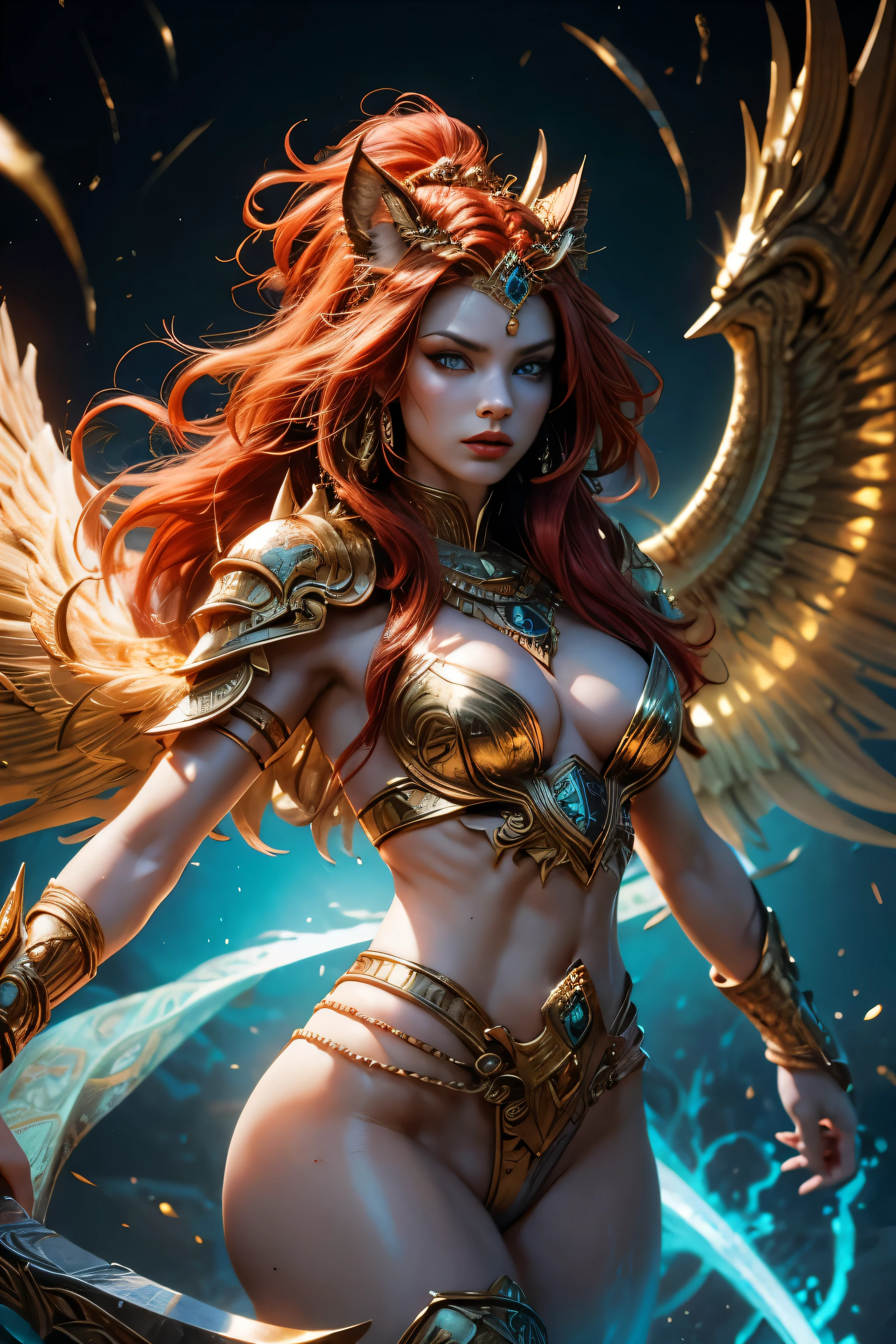 a fierce lioness warrior goddess, goddess sekhmet, pale skin, powerful goddess of war, healing and destruction,   photorealistic, gold and turquoise headdress, piercing blue eyes, regal expression, intricately detailed ornate armor, flowing red hair, muscular feline body, large wings, mystical aura, volumetric lighting, glowing energy, vibrant colors, 8k, hyper detailed