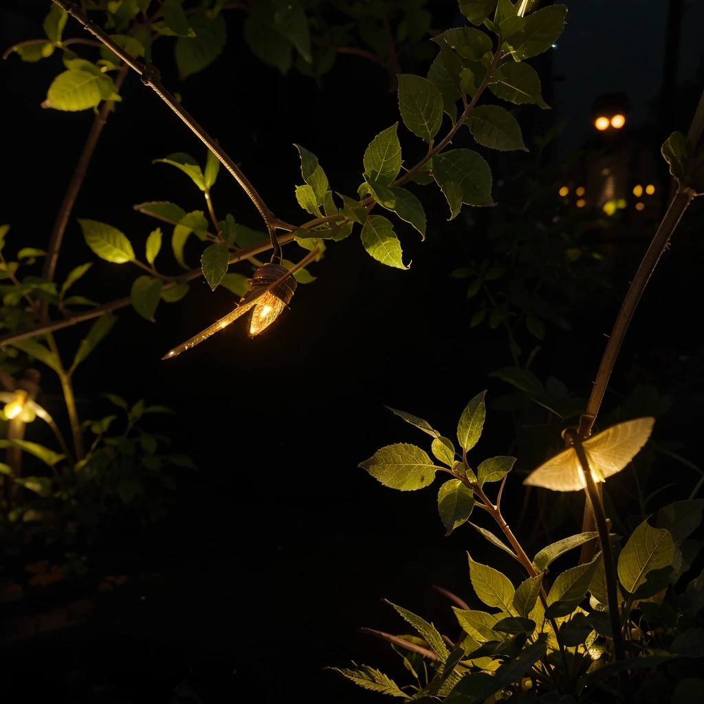 bushes at night,Close-up of an insect,(((a glowing firefly)))