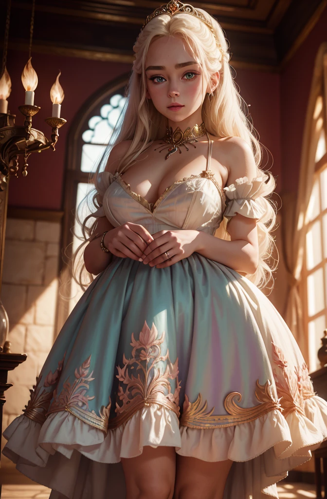 White Blonde hair, fluffy hair, stylish hair, long hair, lilac eyes, perfect eyes, beautiful, perfect face, tween, dainty , short, kind, curvy, a flowing pale airy gown with ruffles along the bottom with tiny pink flowers and gold dragon embroideries with flowers, Her tiara had a pretty teal gemstones, silver necklace, noble class, royal, royalty, red castle, feasting hall, medieval, elegant surroundings, soft dewy makeup look, light peach blush, soft tan eyeshadow, light coral lipstick, cutesy, girlish, girly, guileless, ingénue, princess , whimsical lighting, Targaryen, dragons in the sky, photorealistic
