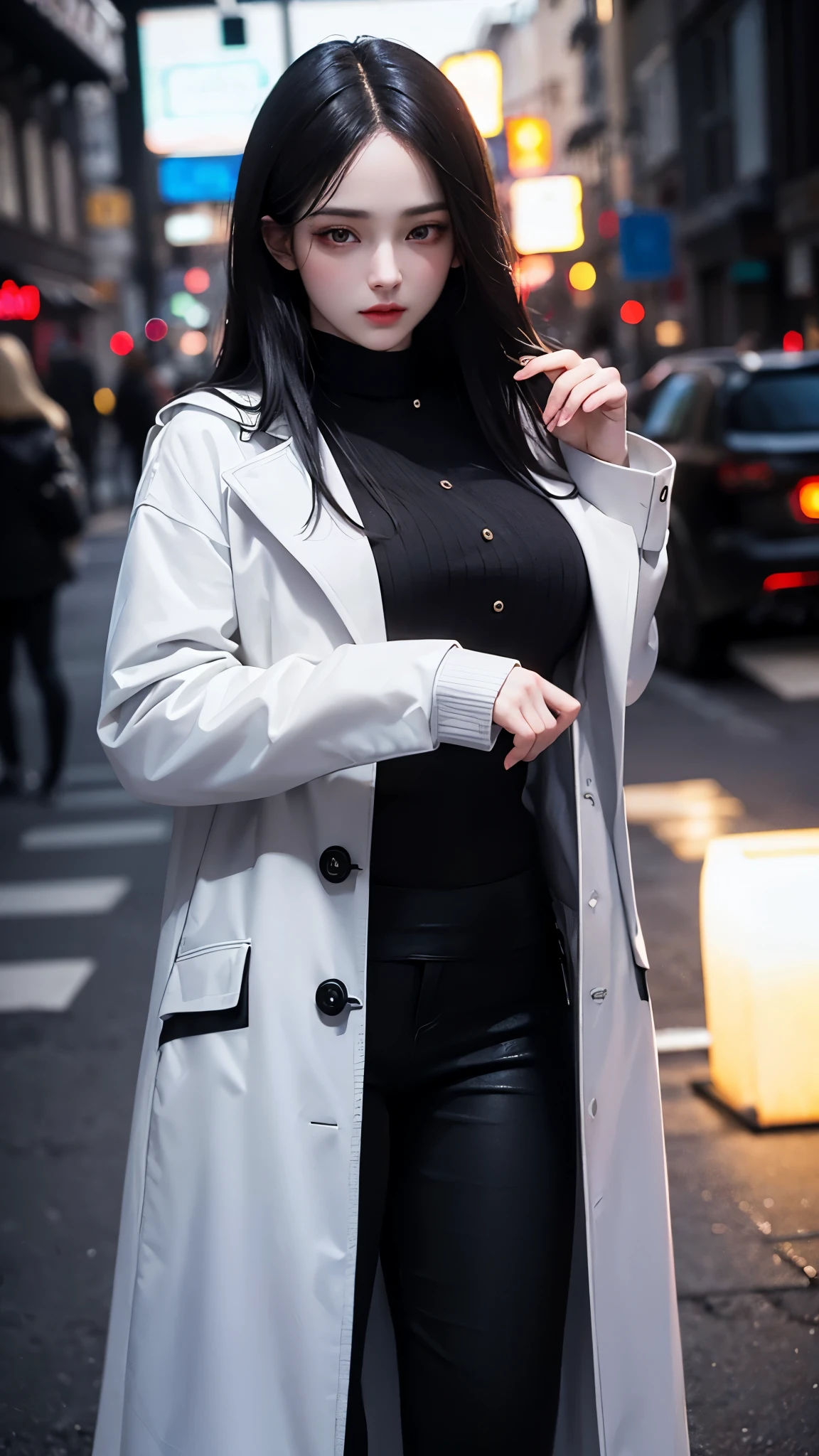 Beautiful girl with realistic black eyes, pale skin, medium length black hair, perfect face, perfect eyes, wearing a coat, very detailed, comprehensive movie, digital painting, 8K, cinematic lighting, highest quality, High resolution, Fine work, Post-processing, perfect result, surreal