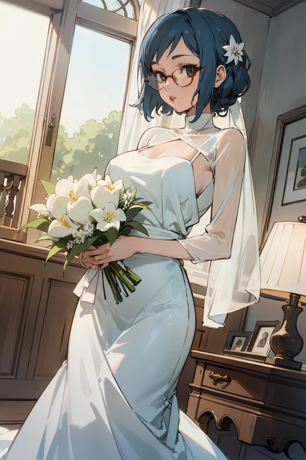 Night time,(Masterpiece), Best Quality, ultra-detailed, 1girl (rinko_iori,  Slender and sexy body, big and pretty breasts, dark blue hair, chignon, brown  eyes, empty eye, spectacles), blank 
face ,parted lips, mascara, full makeup, red lipstick,  facing viewer, looking at viewer, solo, white wedding dress,  see-through dress, long dress,  bows,  wide skirt, white veil,bouquet grab  , bows, in the  livingroom, standing,  , Front view 