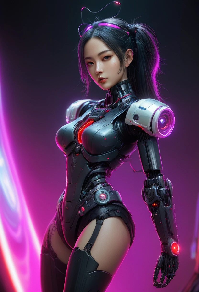 1womanl, Mature, 美丽的面容, big eye, (Choppy), (cybernetic body parts), Short underwear, Cowboy Shot, (Background with: futuristic cyberspace battlefield), (depth of fields), masterpiece, Realistic, impossible details, top-quality