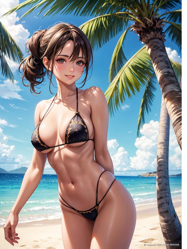 ,(best quality, ultra-detailed, realistic:1.37, masterpiece:1.2), woman, beautiful detailed eyes, beautiful detailed lips, brown hair tied up, smile,micro bikini, slim figure, caustics, textile shading, toned body, clean abs, palm trees swaying,