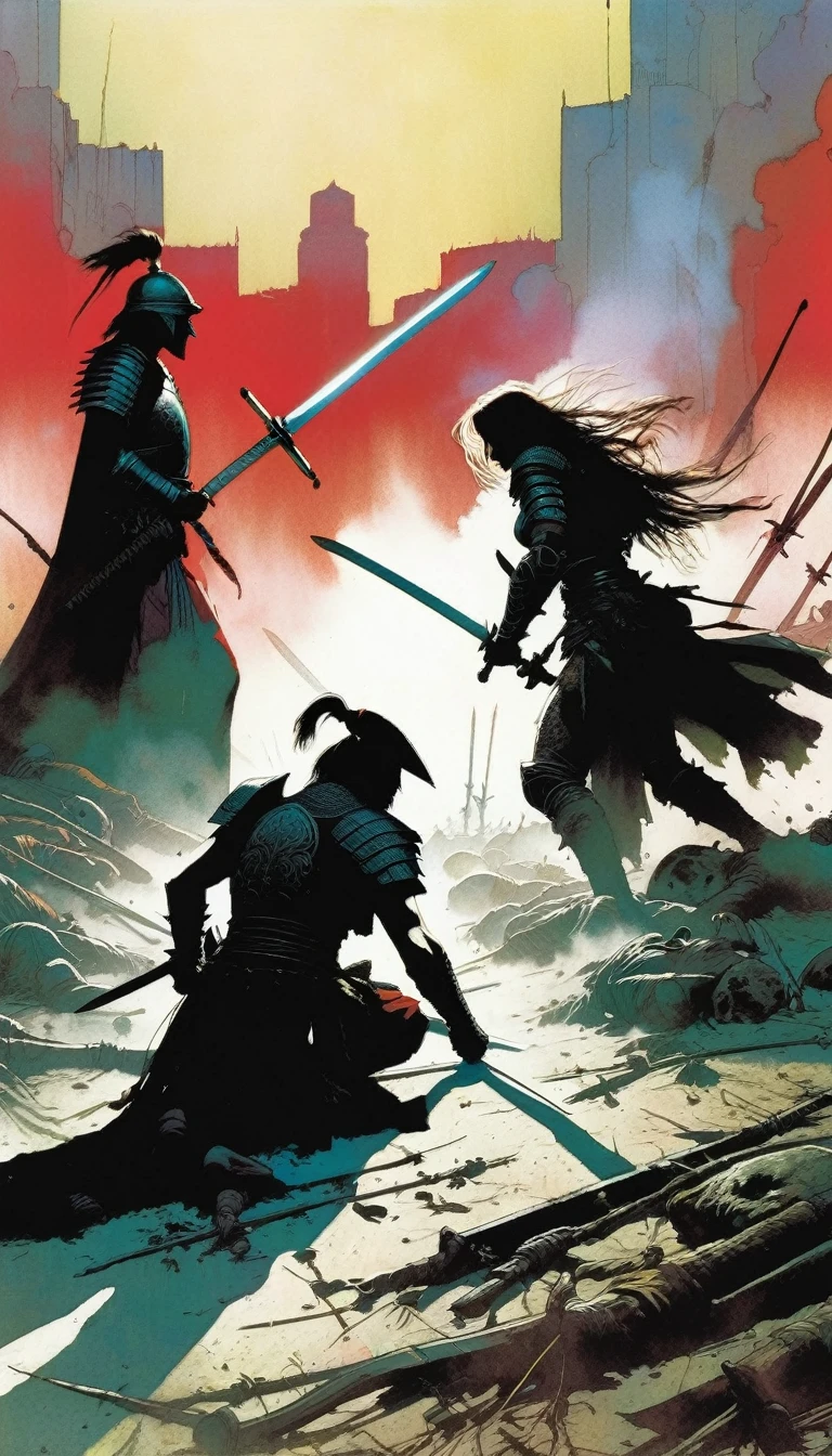 two warriors walk away from a battlefield full of dead, while a woman warrior picks up five swords from the ground, battle challenges, dead, smoke (art inspired by Bill Sienkiewicz)