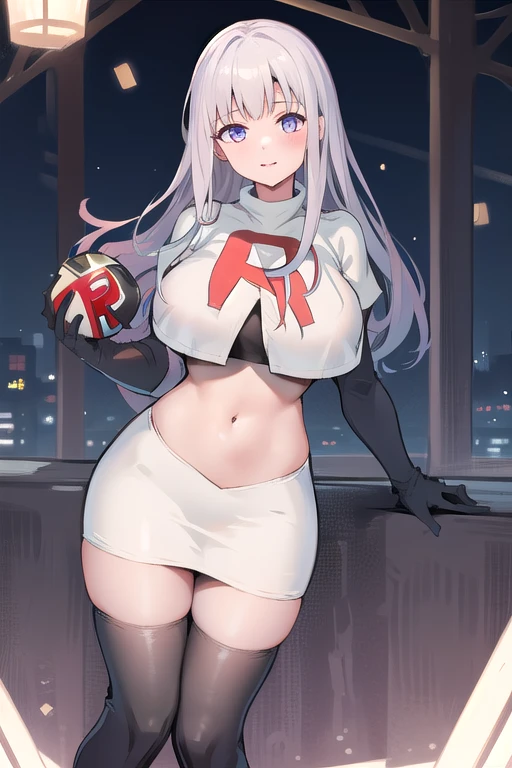 masterpiece,high quality,1girls, large breasts,plmtazln,team rocket,team rocket uniform,white skirt,red letter R,crop top,black thigh-highs,black elbow gloves