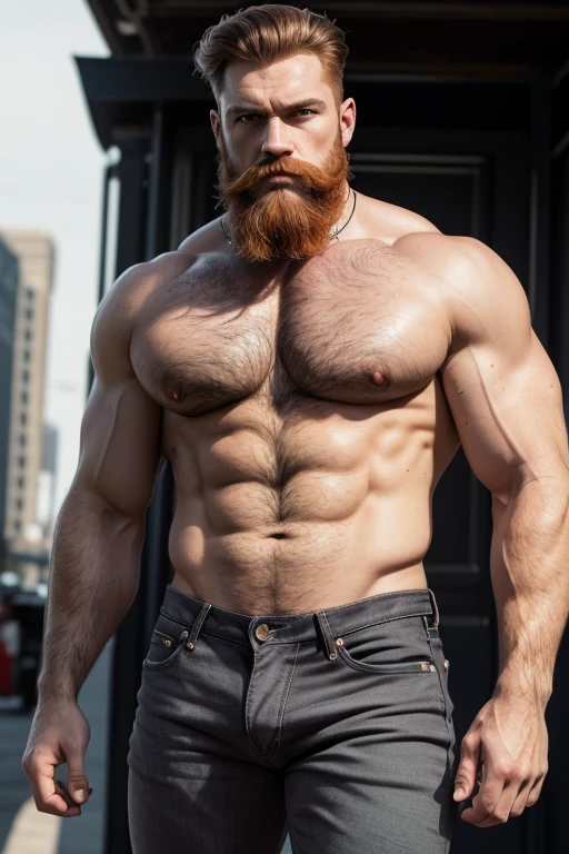 Masterpiece, Best Quality, Ultra-Detailed, muscular, bearded, thick mustache, imposing man [intense look], Intimidating presence, male figure,[imposing shadows],gritty realism, extreme detailed description, wide shoulders, green eyes, detailed eyes, brilliant eyes, handsome eyes, red hair, ginger hair, ginger beard, [chin stubble], imposing silhouette, bright colors, distinctive beard style, sharp focus,  (((dark gray jeans)))  (((Big bulge)))