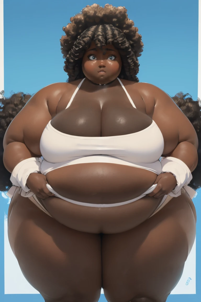 ((Black woman)), ((dark skinned woman)),((large puffy Afro)), blue eyes, ((ssbbw)), ((obese)), ((morbidly obese)), ((nude)), ((mawashi)), ((red mawashi)), sweaty