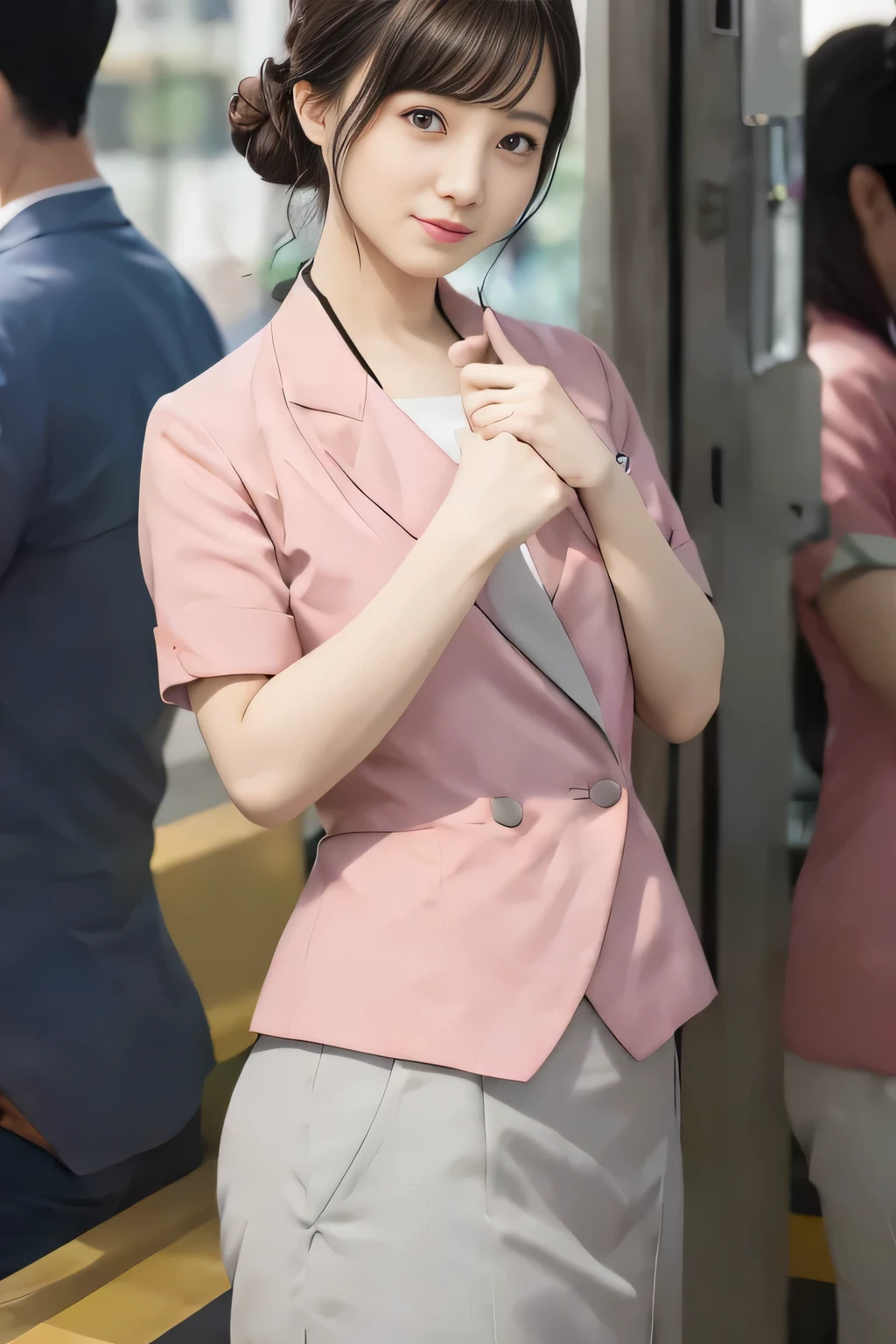 (masterpiece:1.2, Highest quality:1.2), 32k HDR, High resolution, (alone、1 girl)、(On the rooftop of a building in the daytime、Professional Lighting)、Building rooftop background、(Nankai train crew uniform pinkを着たリアルスタイル)、(Nankai train crew uniform pink short sleeve collarless pink jacket、Nankai Train Crew Uniform Pink Collarless Short Sleeve Blouse、Nankai Train Crew Uniform Pink Grey Knee-length Culottes)、((The bottom of the pink short-sleeved jacket cannot be tucked into the clay-colored culottes.))、Dark brown hair、(Hair tied up、Hair Bun、Hair Bun)、Dark brown hair、Long Shot、Big Breasts、Thin legs、((Great hands:2.0)),((Harmonious body proportions:1.5)),((Normal limbs:2.0)),((Normal finger:2.0)),((Delicate eyes:2.0)),((Normal eyes:2.0)))、(Nankai Train Crew Uniform Pink Grey Knee-length Culottesを見せた美しい立ち姿)、smile