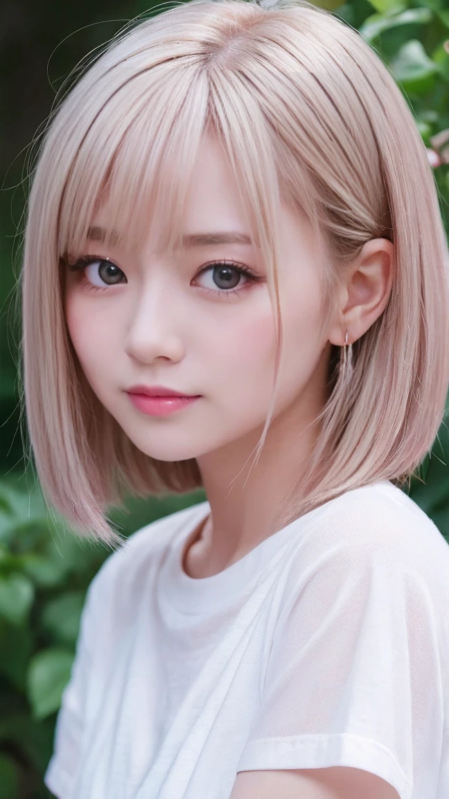 masterpiece、Highest quality、Highest quality、(((upon)))、 ((Blushing with an embarrassed look))、Hair quality and shine、Small face、Very detailed, beautiful, Big eyes、Super detailed, clear and beautiful faces、(Cute illustrations:1.2), High resolution, Super detailed, Highest quality, Embarrassing、short hair、Red eyes、White Hair、Short sleeve、rain