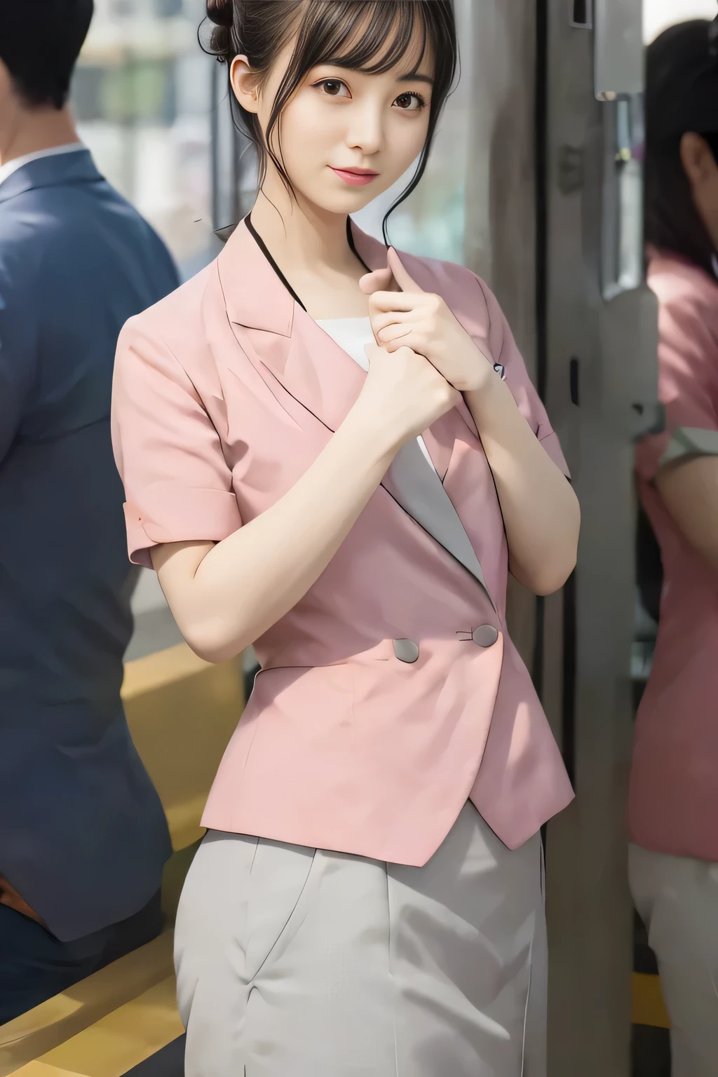 (masterpiece:1.2, Highest quality:1.2), 32k HDR, High resolution, (alone、1 girl)、（On the rooftop of a building in the daytime、Professional Lighting）、Building rooftop background、（Nankai train crew uniform pinkを着たリアルスタイル）、（Nankai train crew uniform pink short sleeve collarless pink jacket、Nankai Train Crew Uniform Pink Collarless Short Sleeve Blouse、Nankai Train Crew Uniform Pink Grey Knee-length Culottes）、（（The bottom of the pink short-sleeved jacket cannot be tucked into the clay-colored culottes.））、Dark brown hair、（Hair tied up、Hair Bun、Hair Bun）、Dark brown hair、Long Shot、Big Breasts、Thin legs、（（Great hands：2.0）），（（Harmonious body proportions：1.5）），（（Normal limbs：2.0）），（（Normal finger：2.0）），（（Delicate eyes：2.0）），（（Normal eyes：2.0））)、（Nankai Train Crew Uniform Pink Grey Knee-length Culottesを見せた美しい立ち姿）、smile