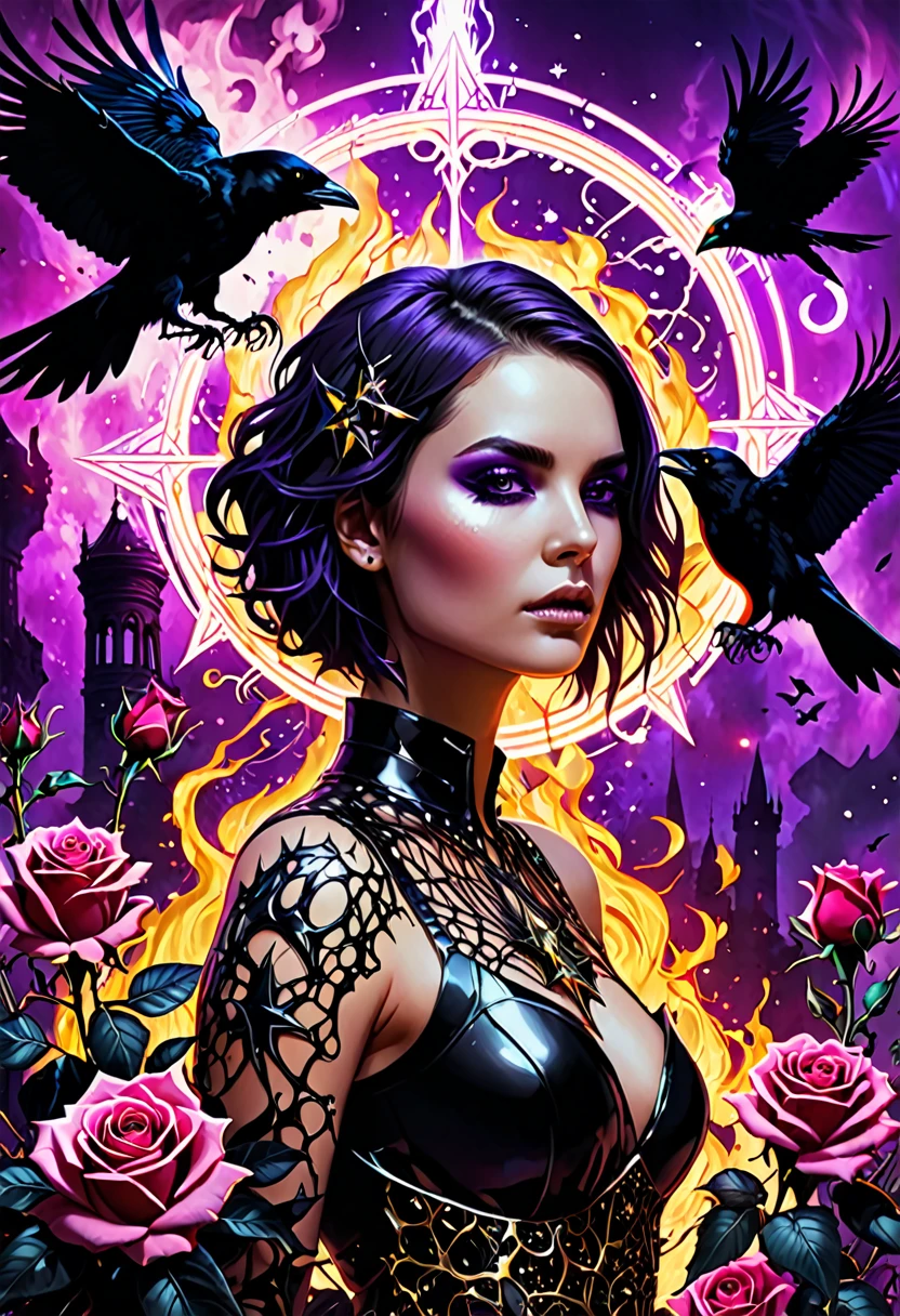 high quality, touch, neon, hardcore, purple black gold star background, inyan, steel, thorns, planets, fissure, double exposure, unique, young woman, scull, crow, snake, broken, neonовые глаза, language, fangs, Roses, portal, division, smoke, Couple, fragments, recursion, Furious Fire, spraying, short hair, Vector graphics, excessive detail, filigree pattern, metamorphosis, detailed drawing, 64k, ISO 1500
