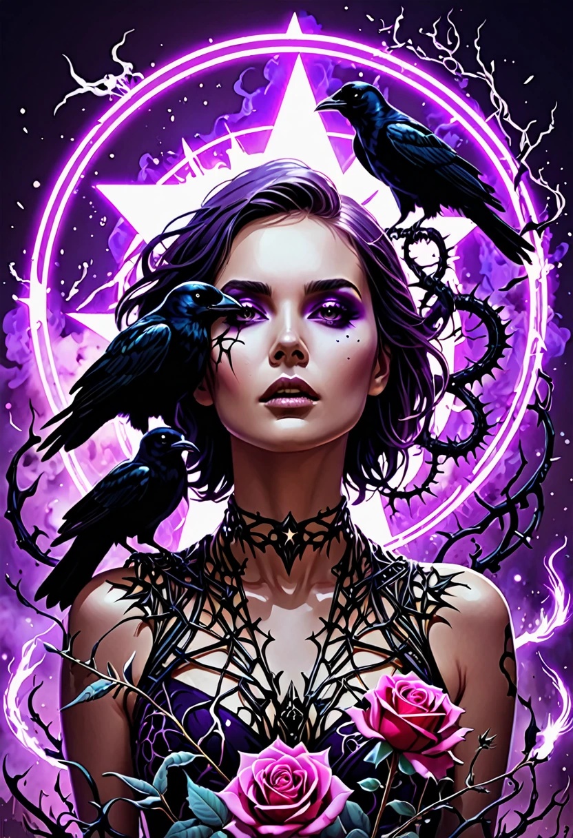 high quality, touch, neon, hardcore, purple black gold star background, inyan, steel, thorns, planets, fissure, double exposure, unique, young woman, scull, crow, snake, broken, neonовые глаза, language, fangs, Roses, portal, division, smoke, Couple, fragments, recursion, Furious Fire, spraying, short hair, Vector graphics, excessive detail, filigree pattern, metamorphosis, detailed drawing, 64k, ISO 1500