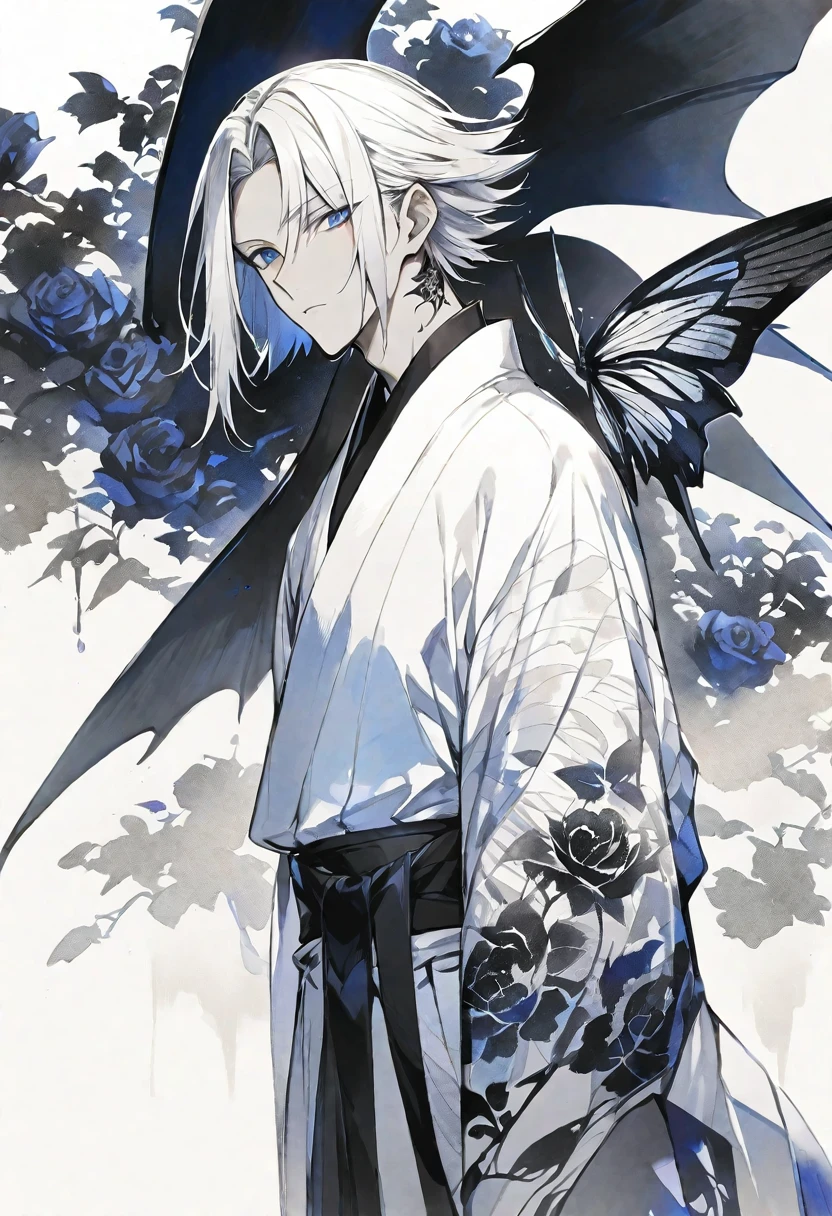 solo,handsome, monotone,Watercolor,
1. male,
bangs,Straight Hair,Bob Hair, ポニーテール,
White hair, Gojo Satoru,devil wing,
blue Eyes,Black Rose Tattoo,butterfly Tattoo,
White kimono,Japanese Pattern,
skin,Silver Accessories,
White background,