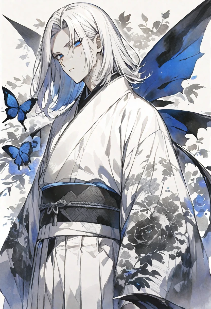 solo,handsome, monotone,Watercolor,
1. male,
bangs,Straight Hair,Bob Hair, ポニーテール,
White hair, Gojo Satoru,devil wing,
blue Eyes,Black Rose Tattoo,butterfly Tattoo,
White kimono,Japanese Pattern,
skin,Silver Accessories,
White background,