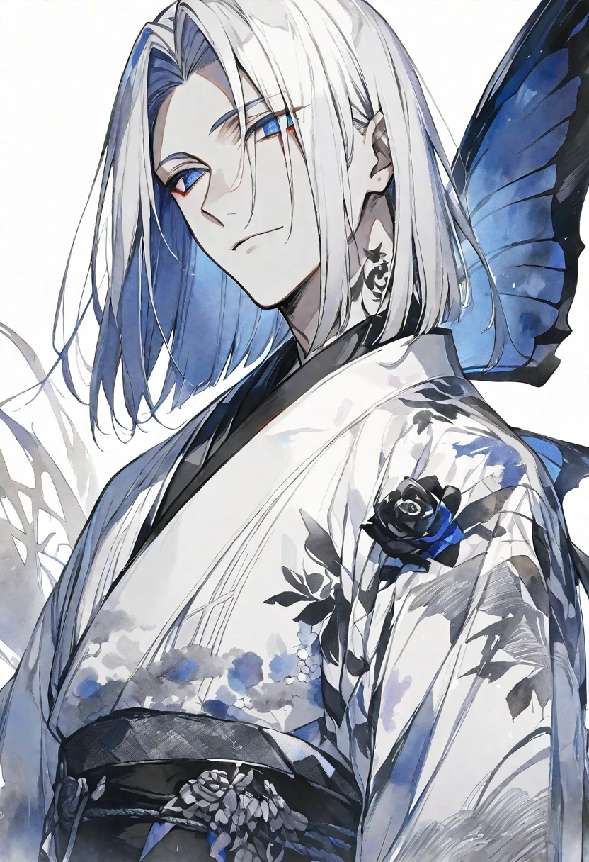 solo,handsome, monotone,Watercolor,
1. male,
bangs,Straight Hair,Bob Hair, ポニーテール,
White hair, Gojo Satoru,devil wing,
blue Eyes,Black Rose Tattoo,butterfly Tattoo,
White kimono,Japanese Pattern,
skin,Silver Accessories,
White background,