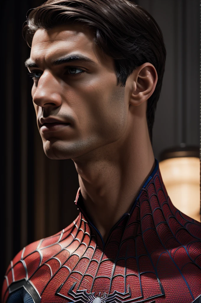 A photograph of Spider-Man., sin mascara, the 20s, elegant, detailed face, looking to the camera, portrait, 8k hd, high quality