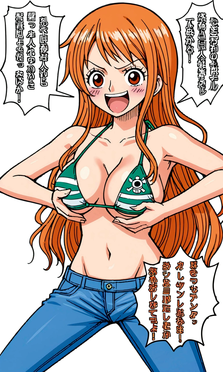 a cartoon picture of a woman in a bikini top and jeans, nami one piece, nami from one piece, nami, beautiful portrait of nami, from one piece, oppai, oppai proportions, by Yasutomo Oka, she has long redorange hair, marin kitagawa fanart, by Kentaro Miura, is wearing a swimsuit